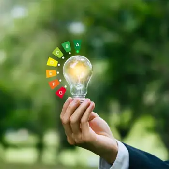 Un homme tient une ampoule avec le barème du dpe à gauche symbole d'économie d'énergie