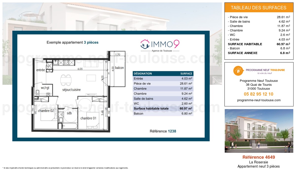 Plan pour un Appartement neuf de  60.97m² à
					La Roseraie