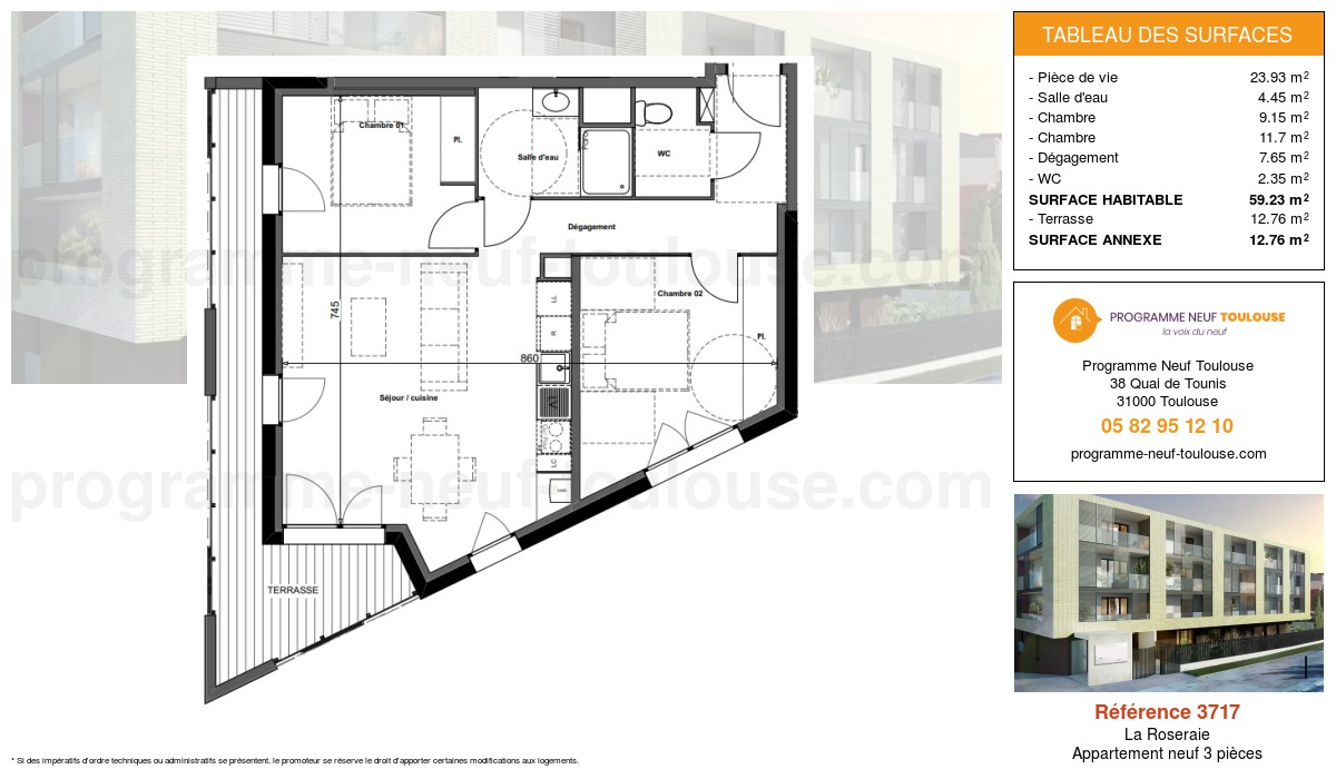 Plan pour un Appartement neuf de  59.23m² à
					La Roseraie