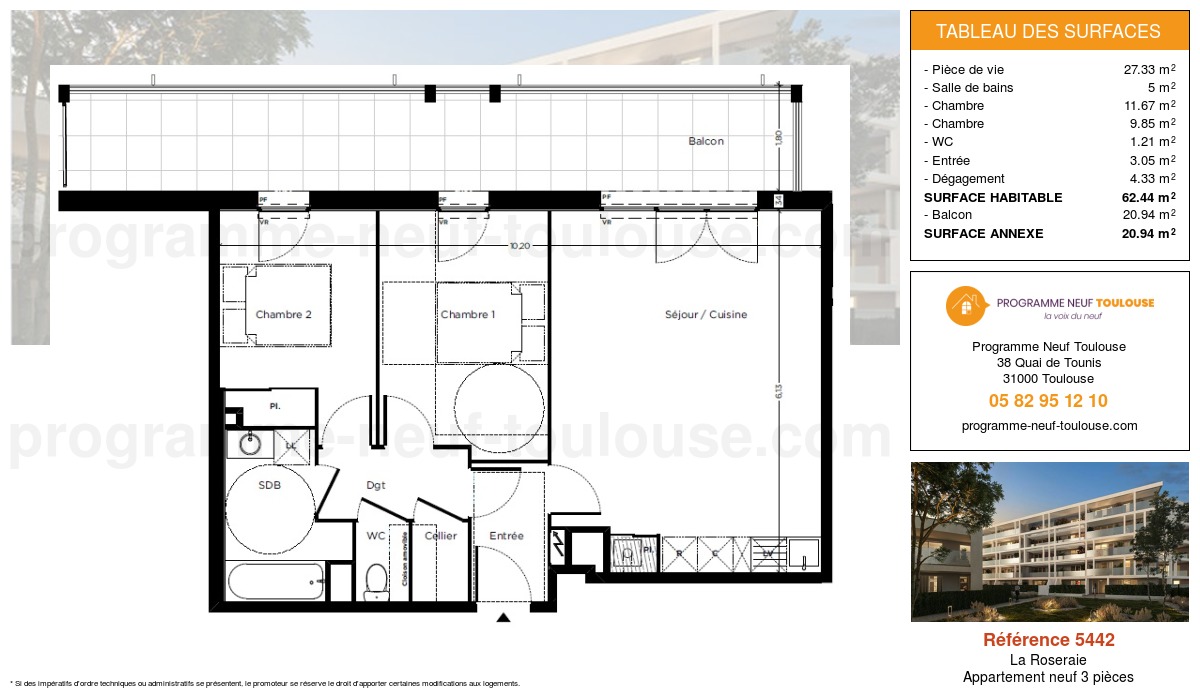 Plan pour un Appartement neuf de  62.44m² à
					La Roseraie