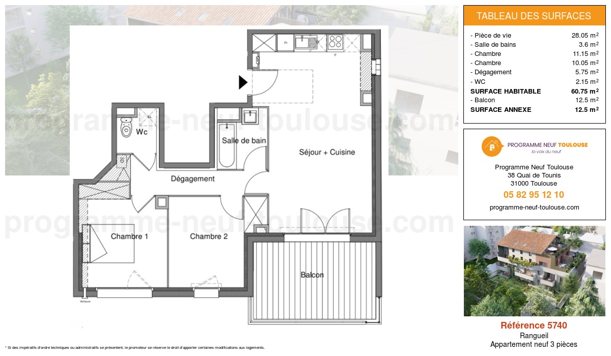 Plan pour un Appartement neuf de  60.75m² à
					Rangueil