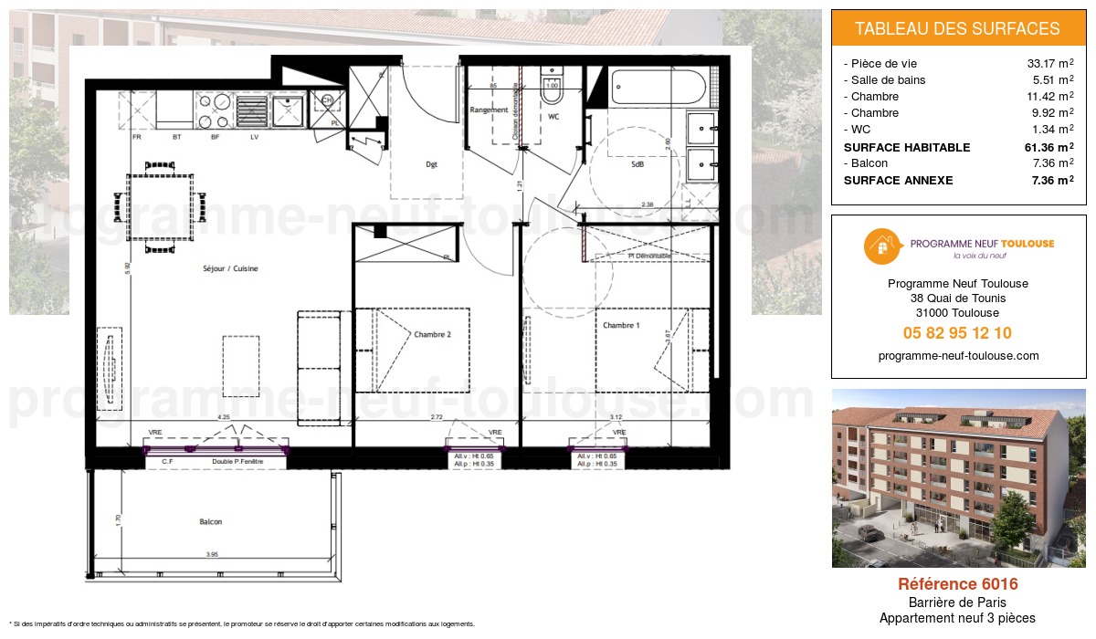 Plan pour un Appartement neuf de  61.36m² à
					Barrière de Paris