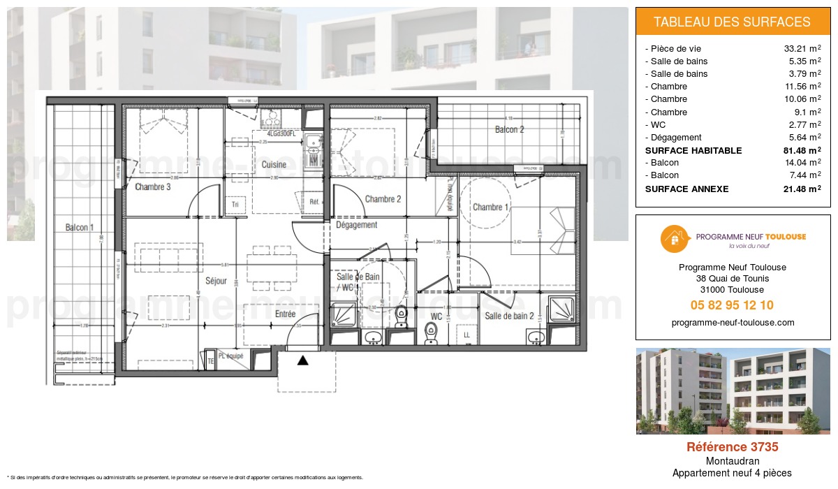 Plan pour un Appartement neuf de  81.48m² à
					Montaudran
