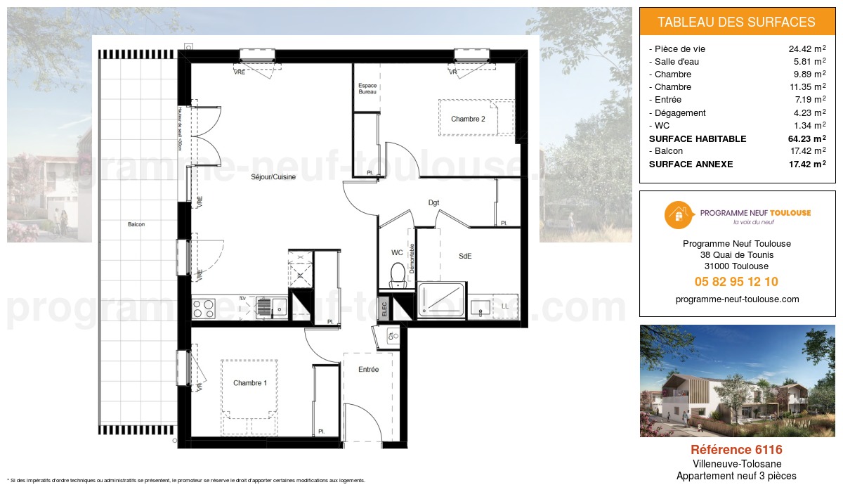 Plan pour un Appartement neuf de  64.23m² à
					Villeneuve-Tolosane