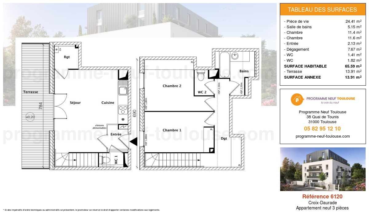 Plan pour un Appartement neuf de  65.59m² à
					Croix-Daurade