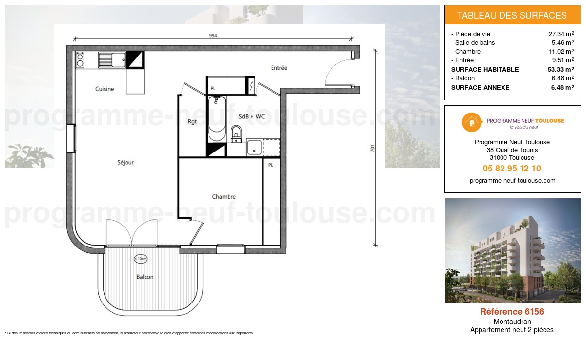 Plan pour un Appartement neuf de  53.28m² à
					Montaudran