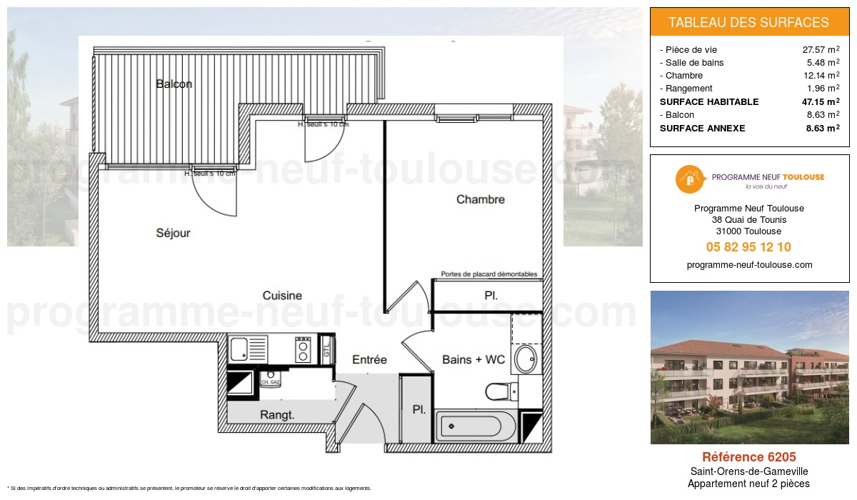 Plan pour un Appartement neuf de  47.15m² à
					Saint-Orens-de-Gameville
