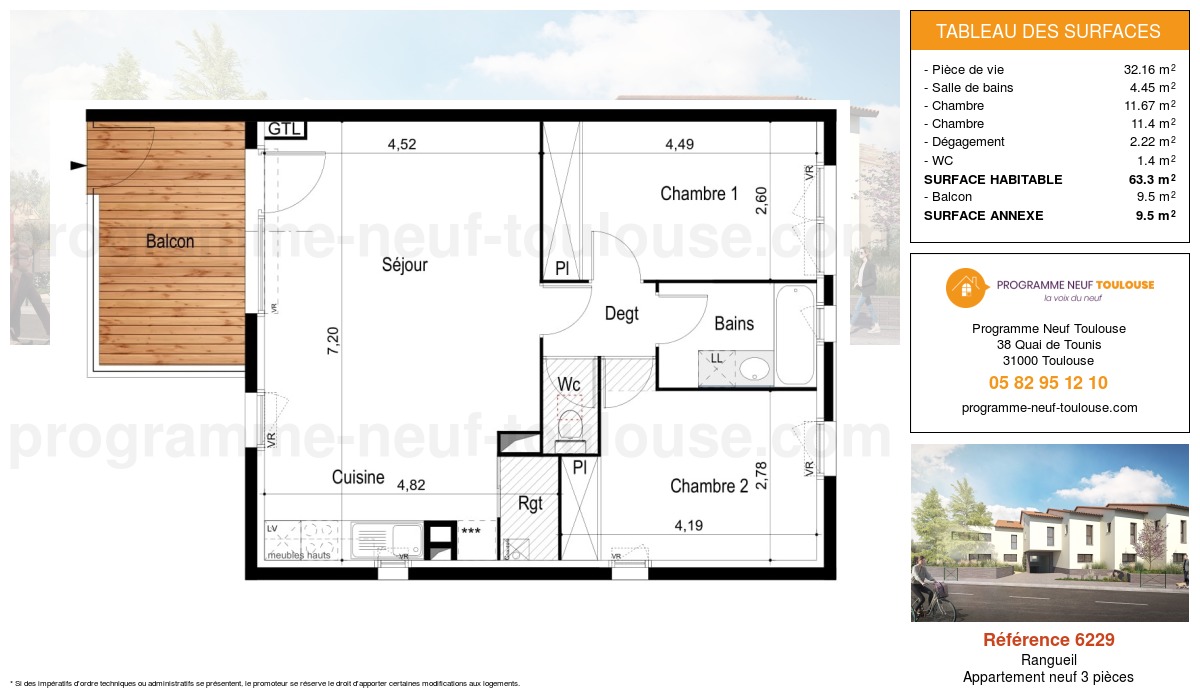 Plan pour un Appartement neuf de  63.3m² à
					Rangueil
