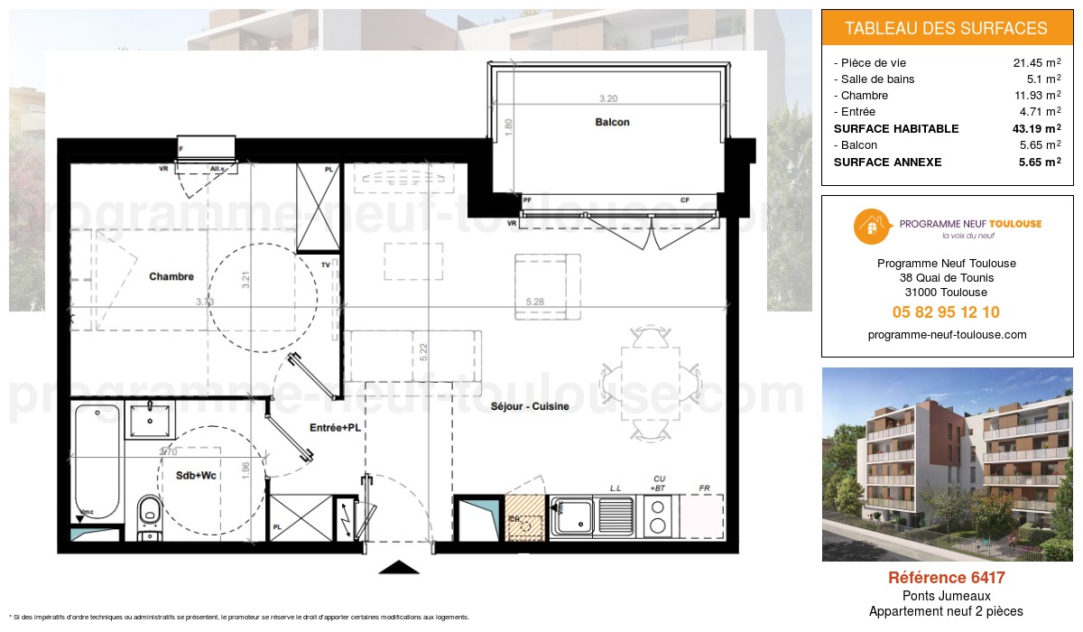Plan pour un Appartement neuf de  43.18m² à
					Ponts Jumeaux