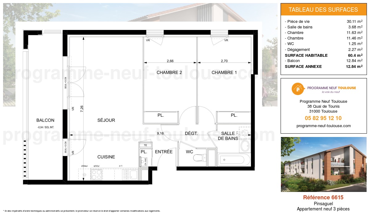 Plan pour un Appartement neuf de  60.4m² à
					Pinsaguel