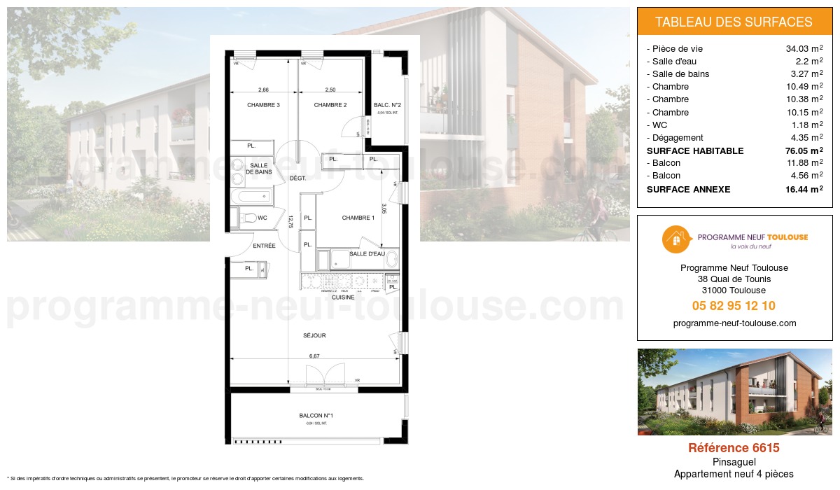 Plan pour un Appartement neuf de  76.05m² à
					Pinsaguel