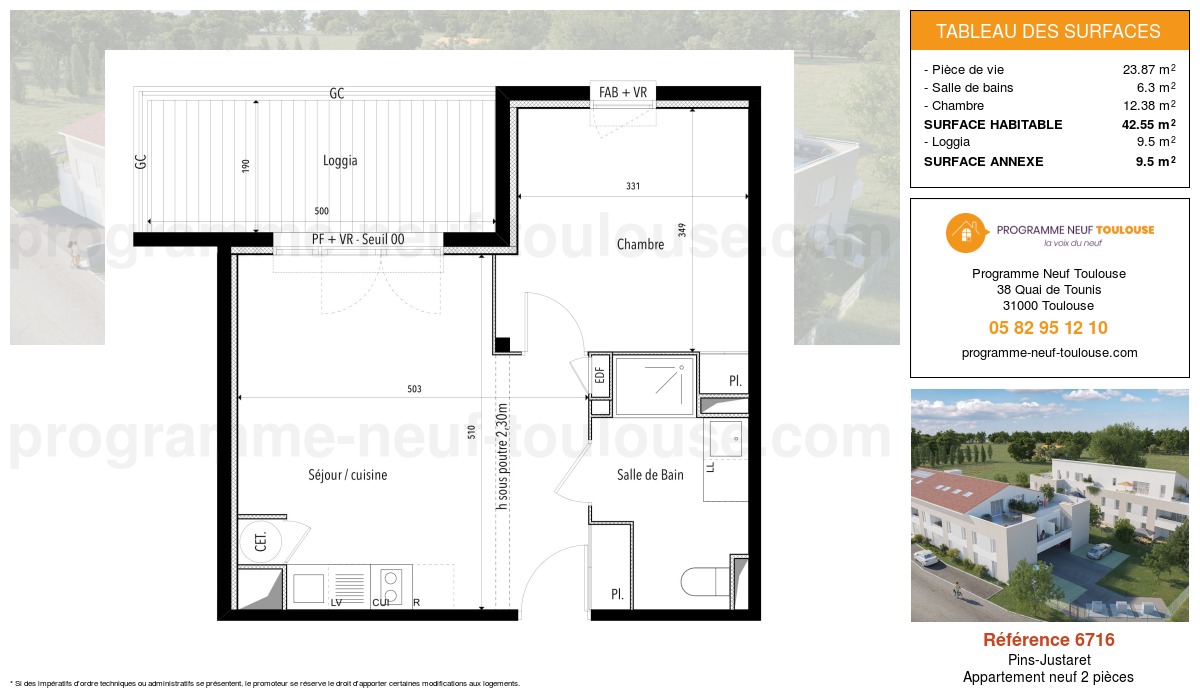 Plan pour un Appartement neuf de  42.55m² à
					Pins-Justaret