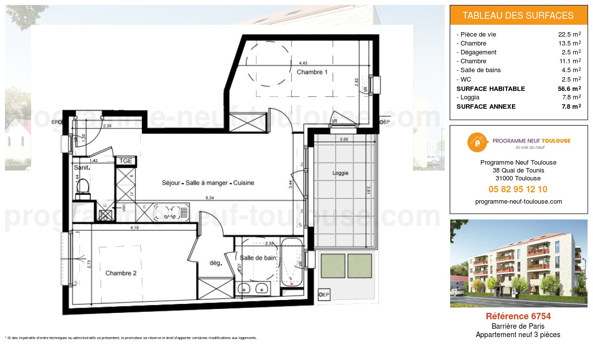 Plan pour un Appartement neuf de  56.6m² à
					Barrière de Paris