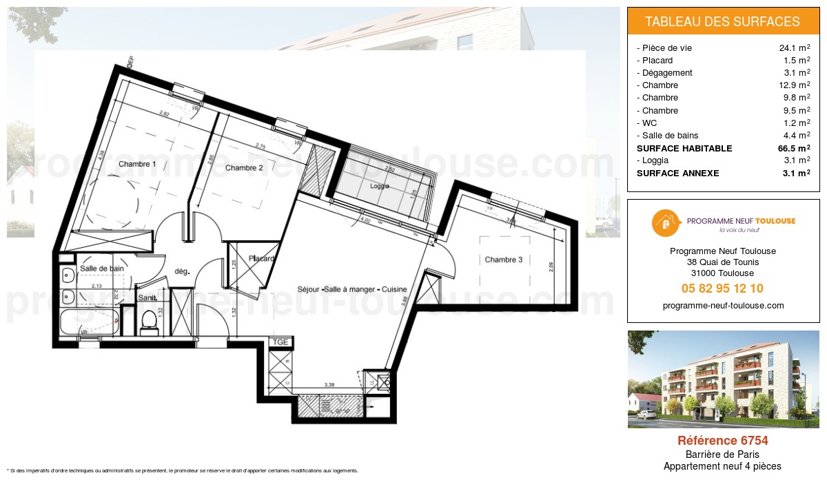 Plan pour un Appartement neuf de  66.5m² à
					Barrière de Paris