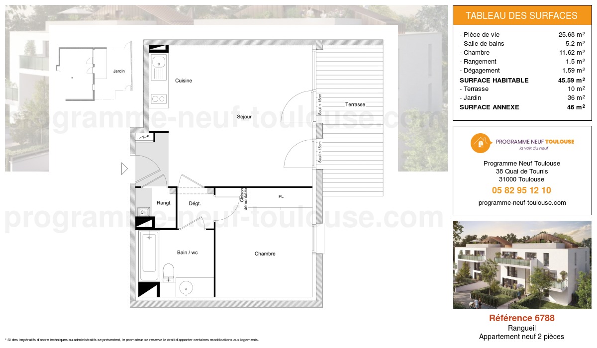 Plan pour un Appartement neuf de  45.59m² à
					Rangueil