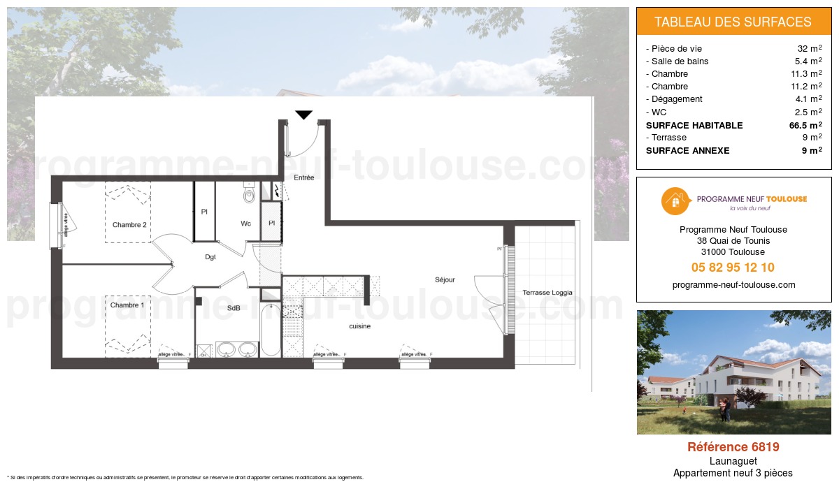 Plan pour un Appartement neuf de  66.5m² à
					Launaguet