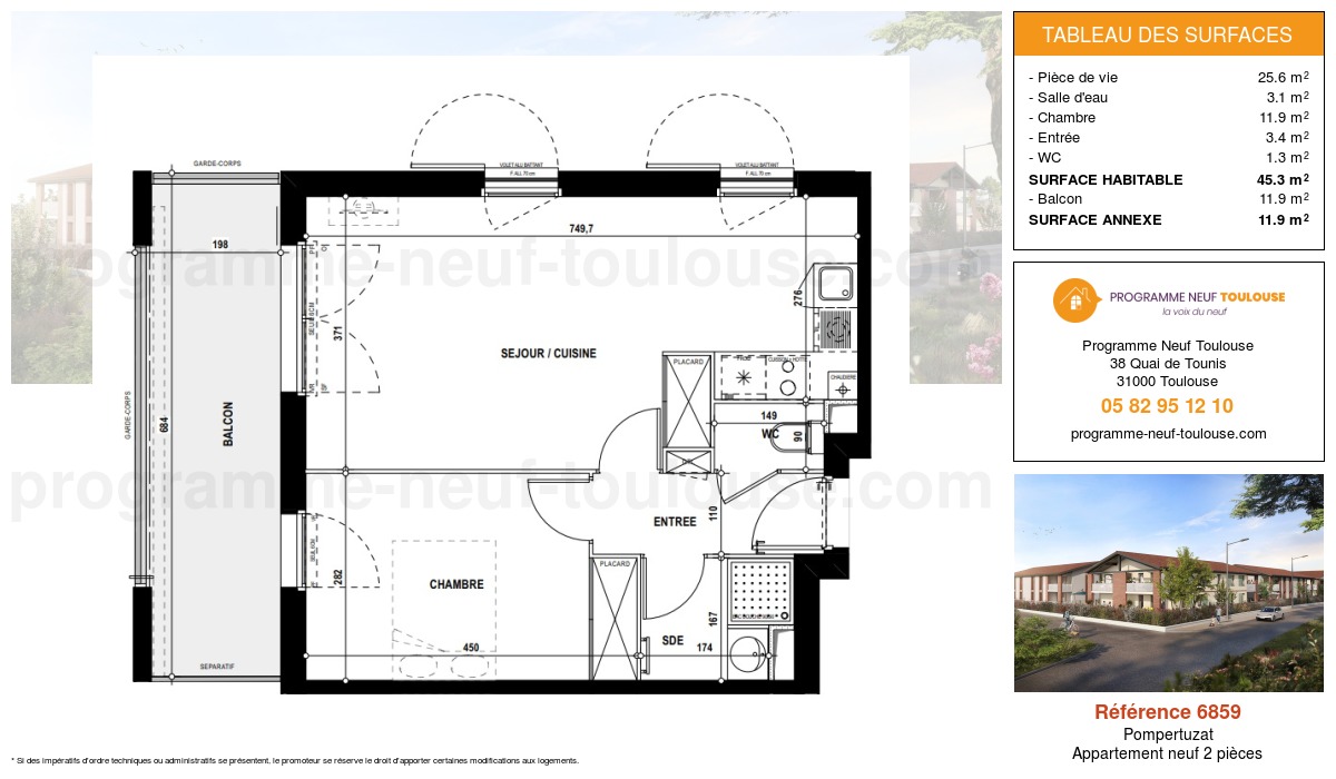 Plan pour un Appartement neuf de  45.3m² à
					Pompertuzat