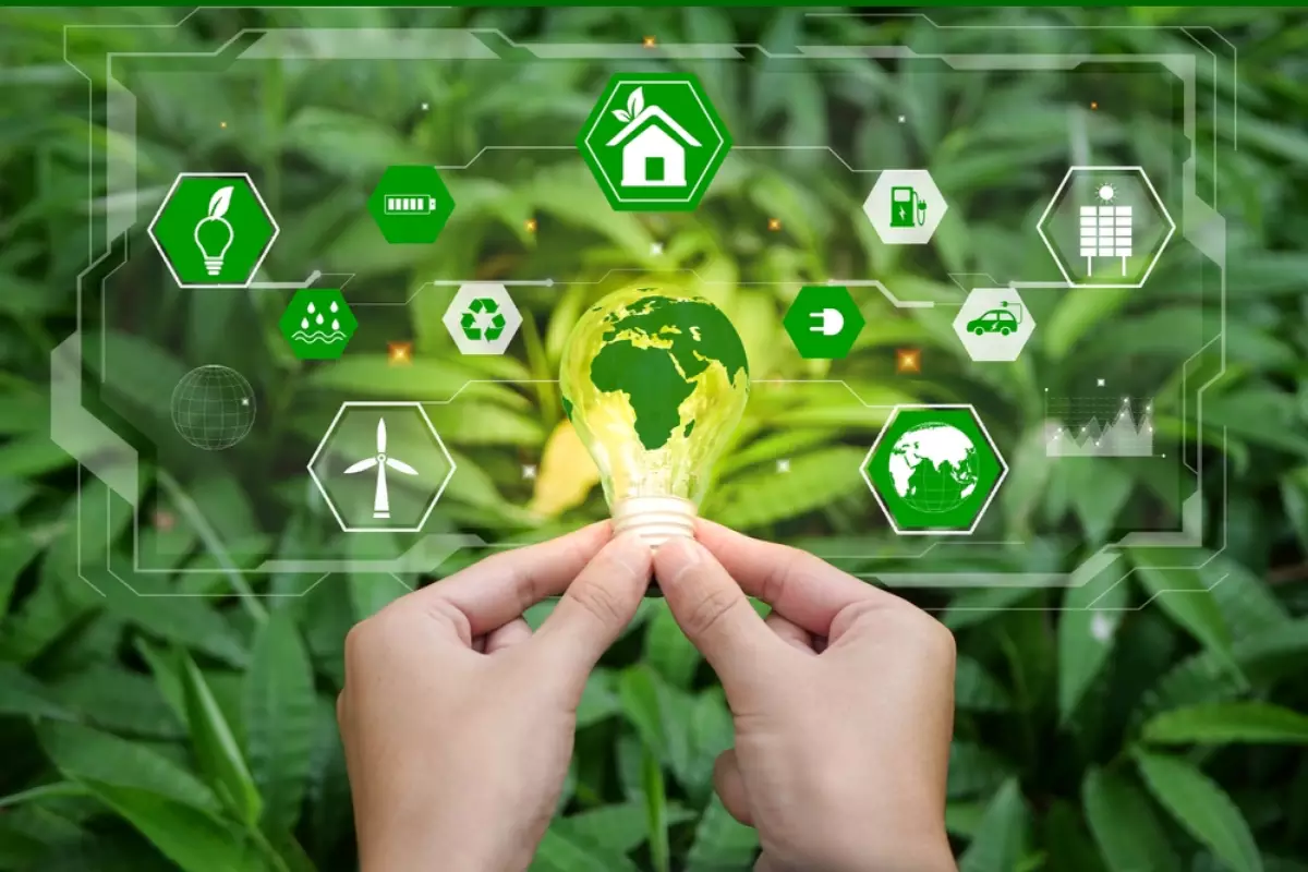 Ampoule verte sur fond de plantes et logos transition écologique