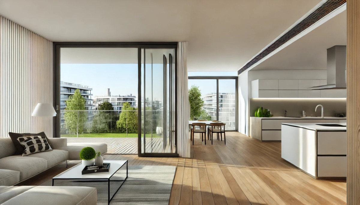 Vue sur l’intérieur d’un appartement moderne traversant