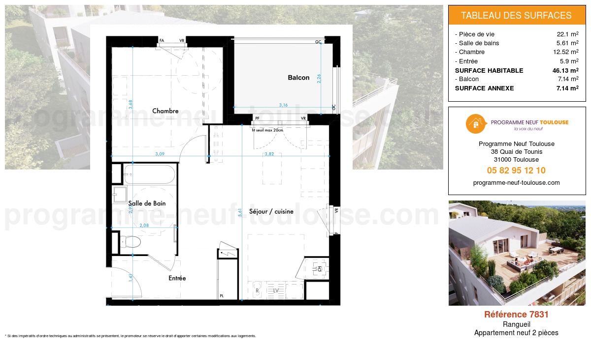 Plan pour un Appartement neuf de 46.13m² à
Rangueil