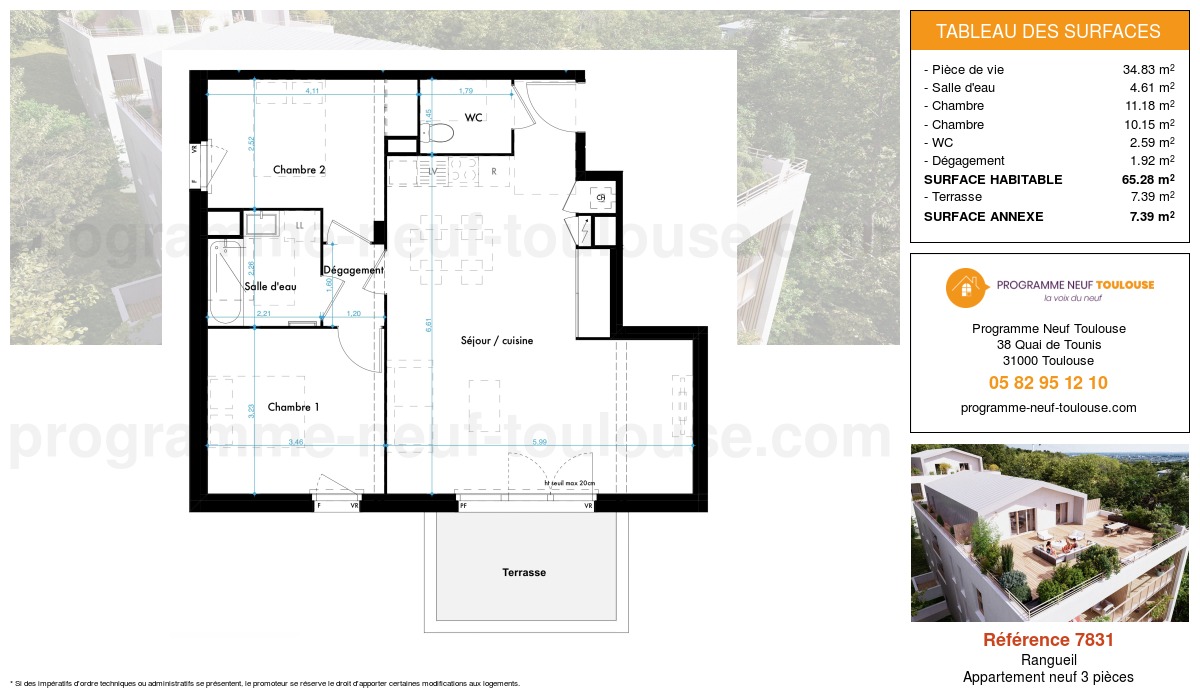 Plan pour un Appartement neuf de 65.28m² à
Rangueil