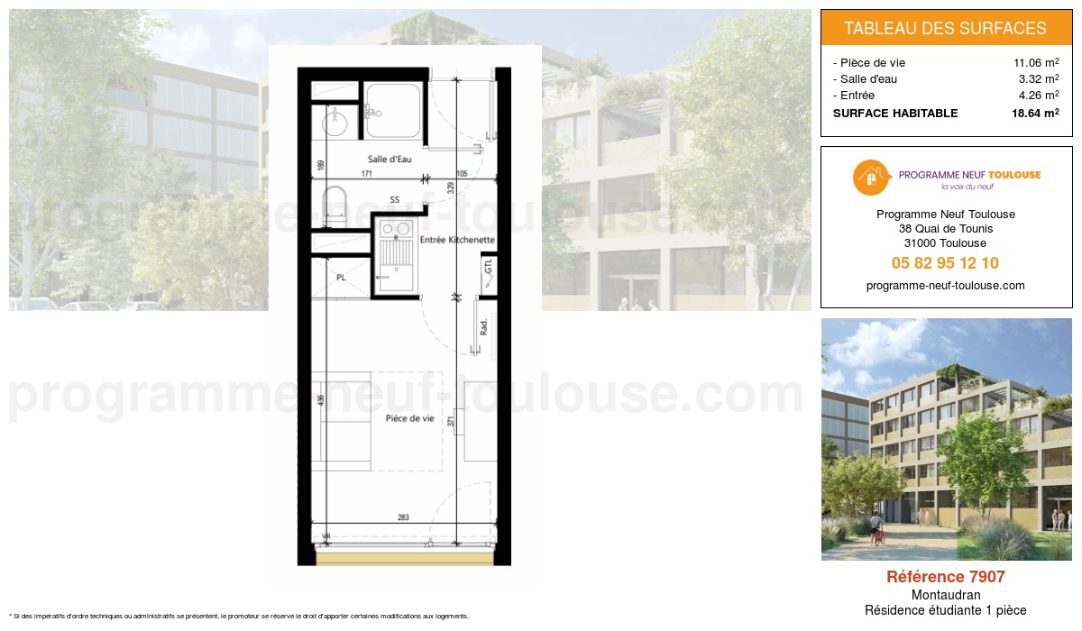 Plan pour un Résidence étudiante de  18.64m² à
					Montaudran