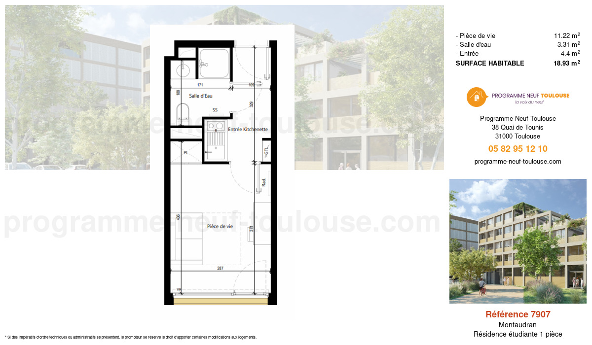 Plan pour un Résidence étudiante de  18.93m² à
					Montaudran