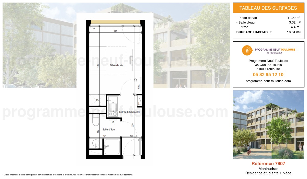 Plan pour un Résidence étudiante de  18.94m² à
					Montaudran
