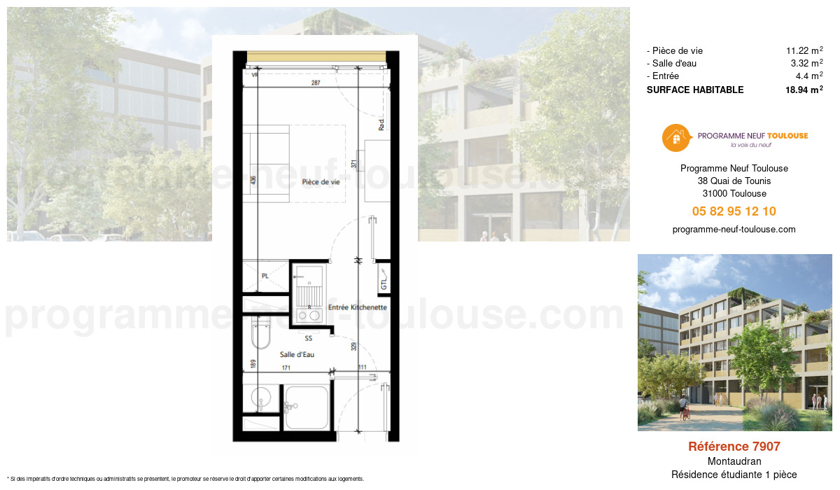Plan pour un Résidence étudiante de  18.94m² à
					Montaudran