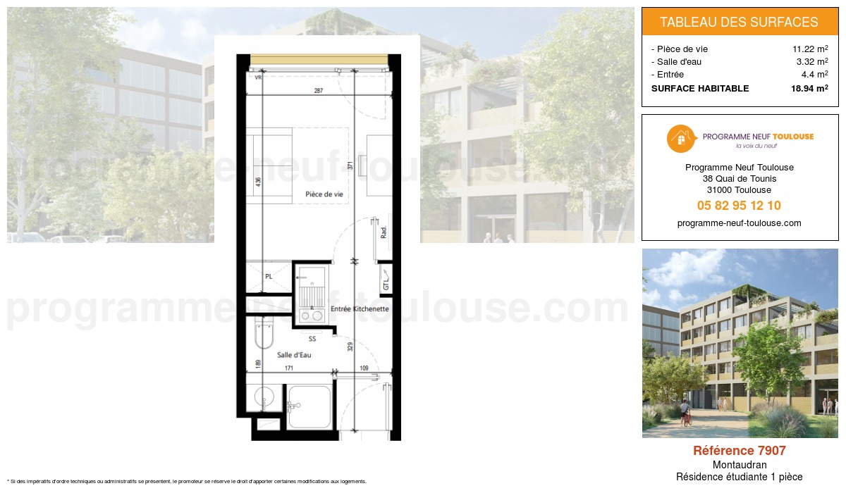 Plan pour un Résidence étudiante de  18.94m² à
					Montaudran