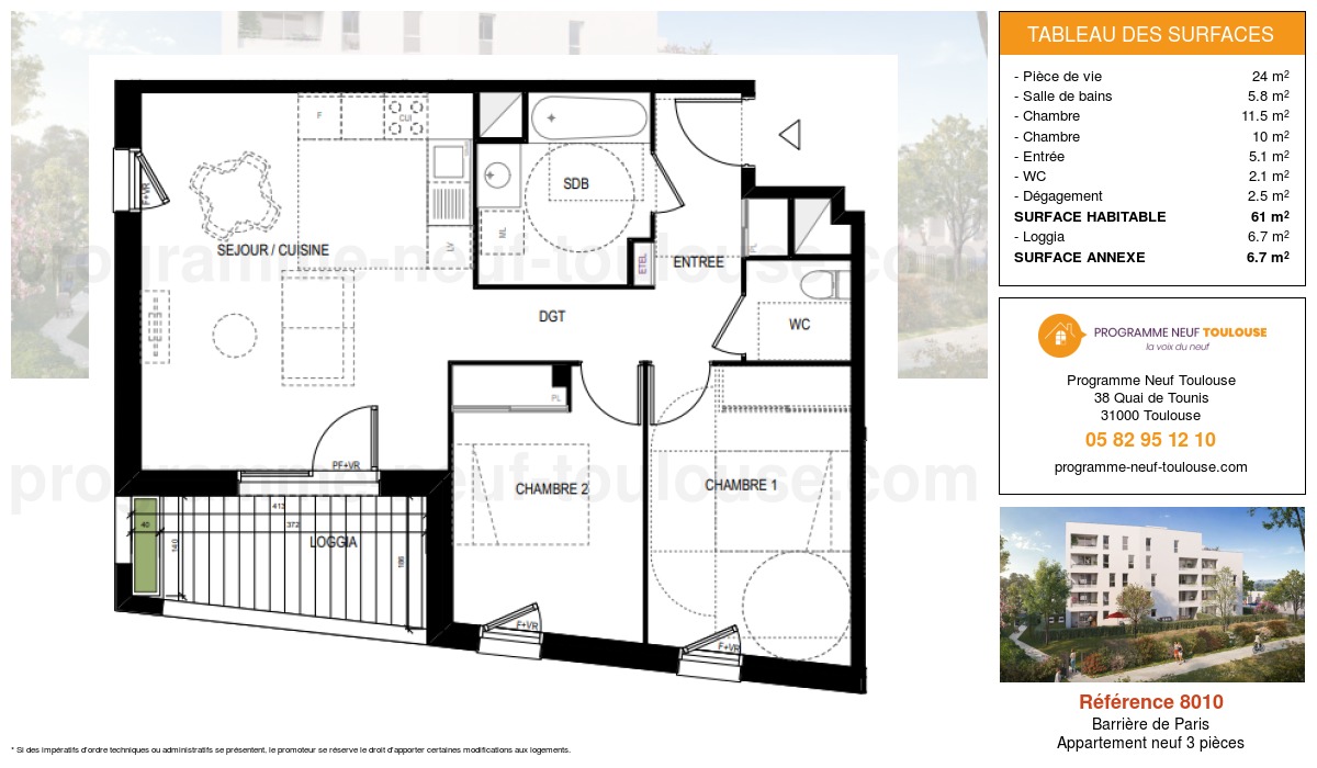 Plan pour un Appartement neuf de  61m² à
					Barrière de Paris