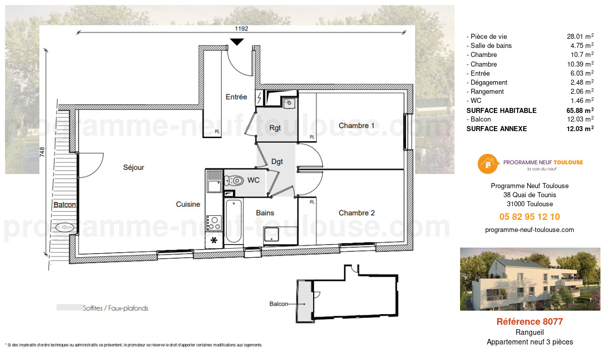 Plan pour un Appartement neuf de  65.88m² à
					Rangueil