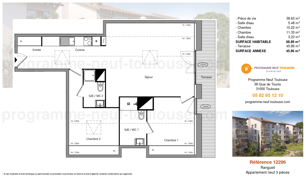 Plan pour un Appartement neuf de  68.89m² à
					Rangueil