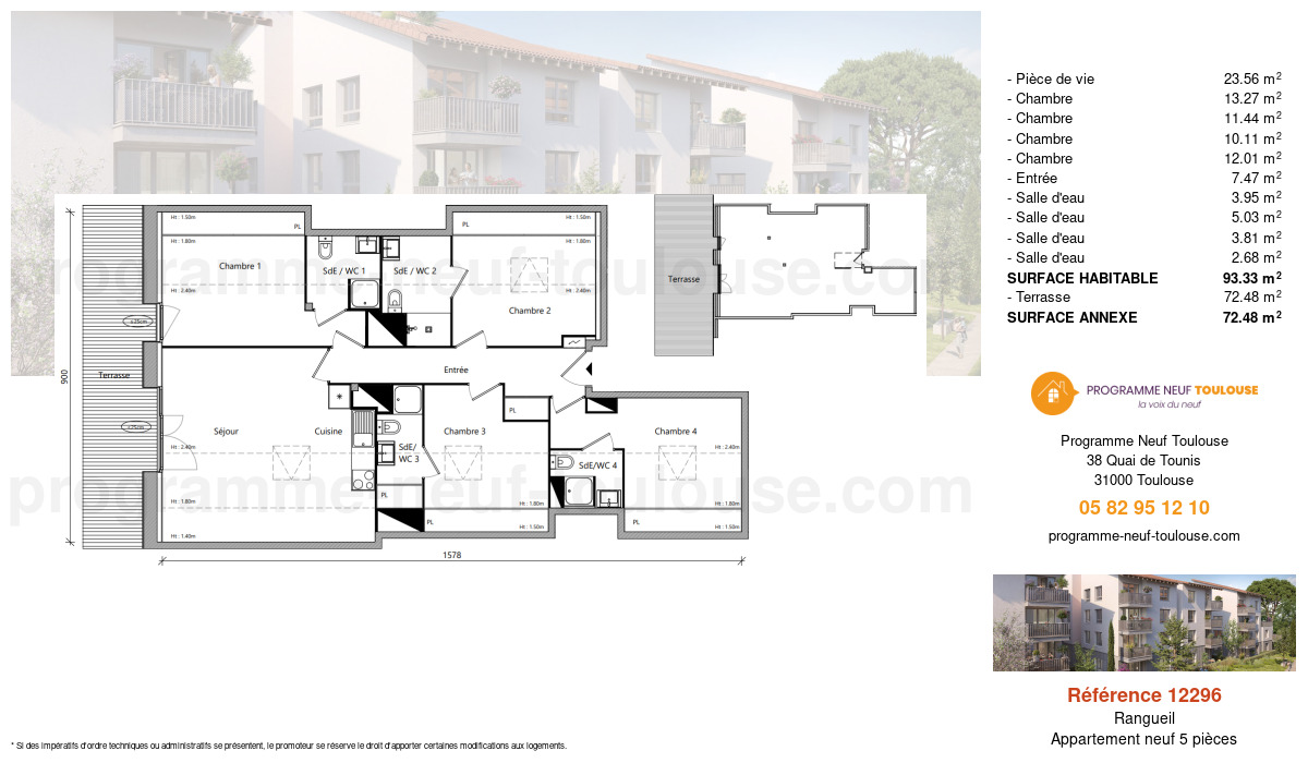 Plan pour un Appartement neuf de  93.33m² à
					Rangueil
