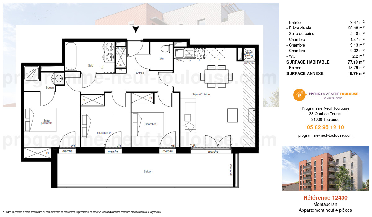 Plan pour un Appartement neuf de  77.19m² à
					Montaudran