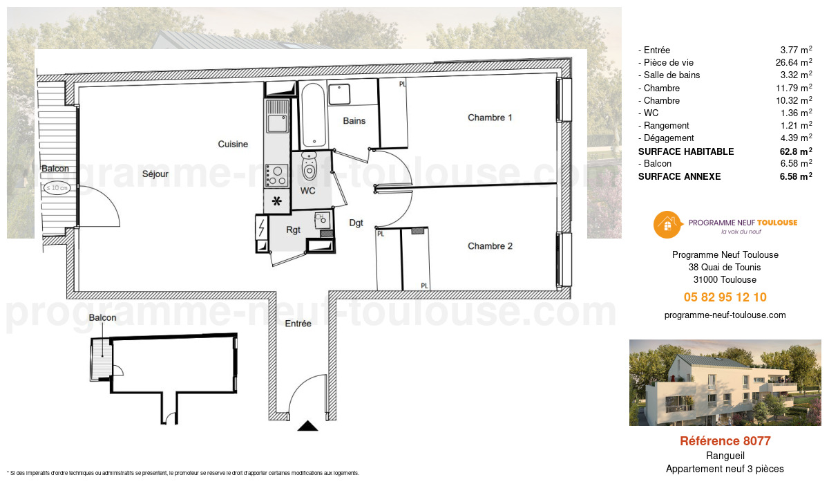 Plan pour un Appartement neuf de  62.8m² à
					Rangueil